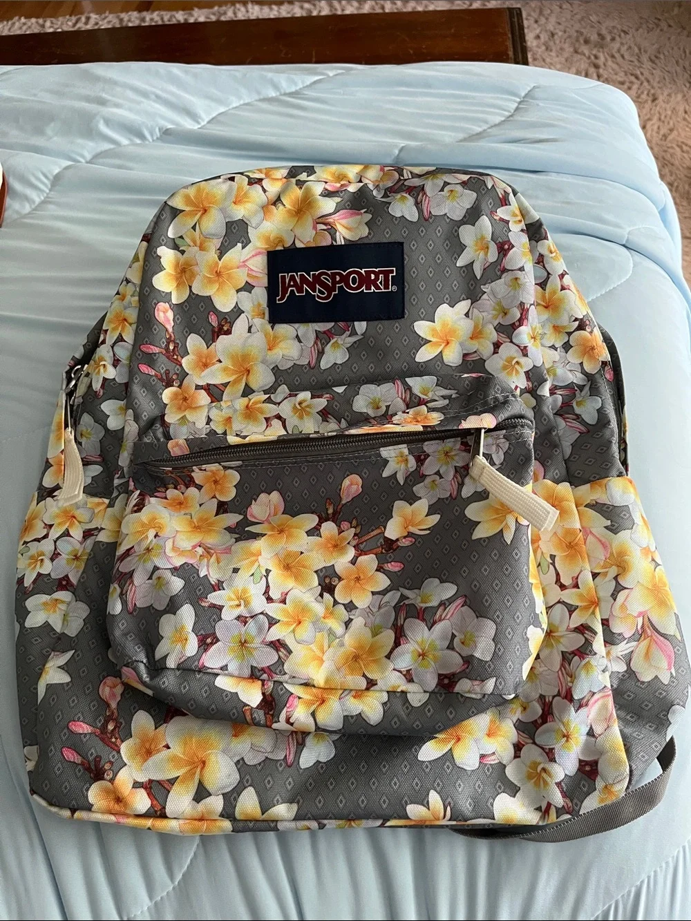 JanSport Gray Backpack with Yellow & White Floral Print